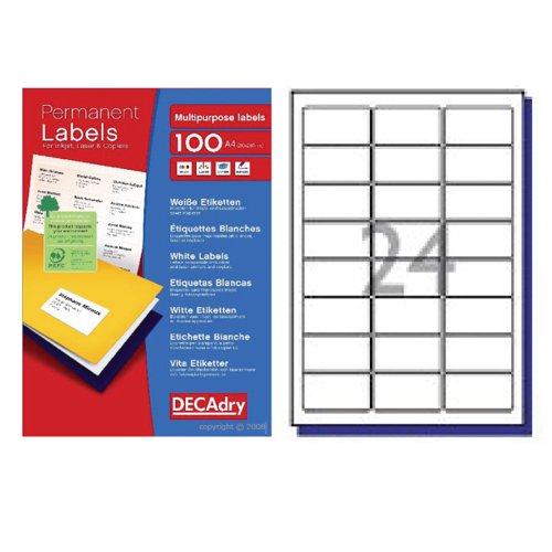 DECAdry White Multipurpose Labels 100 sheet pk 63.5 x 33.9mm 24 per Sheet