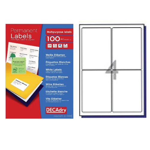 DECAdry White Multipurpose Labels 100 sheet pk 99.1 x 139mm 4 per Sheet