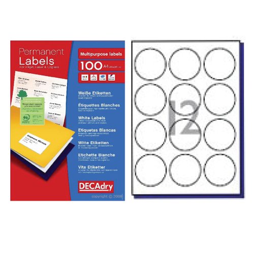 DECAdry White Multipurpose Labels 100 sheet pk  60mm diameter Circle 12 per Sheet - DLW1791