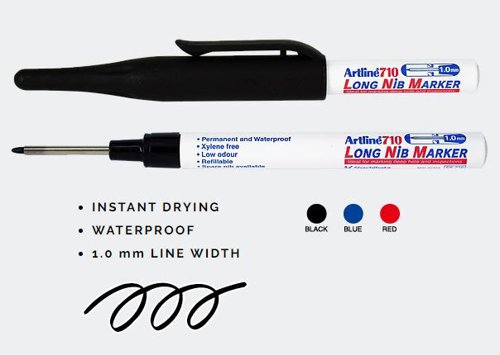 Artline Long Nib Marker, Instant Dry, Waterproof, 1.0mm nib, Black, Box 12