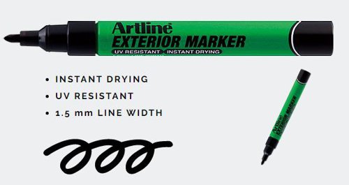 Artline Exterior Marker, UV Resistant, Instant Dry, 1.5mm nib, BLACK, Box 12