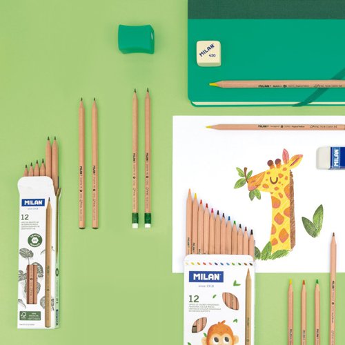 Milan FSC Natural Wood HB Graphite Pencils with Eraser - Box 12; Pk 12