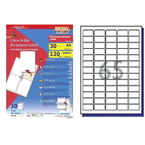 DECAdry White Multipurpose Labels 30 sheet pk 38.1 x 21.2mm 65 per Sheet