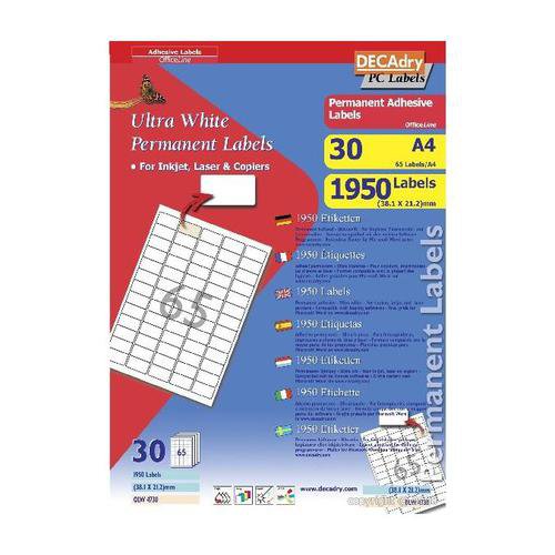 DECAdry White Multipurpose Labels 30 sheet pk 38.1 x 21.2mm 65 per Sheet - OLW4730