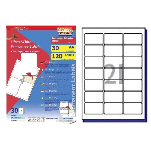 DECAdry White Multipurpose Labels 30 sheet pk 63.5 x 38.1mm 21 per Sheet - OLW4731