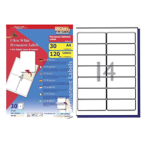DECAdry White Multipurpose Labels 30 sheet pk 99.1x38.1mm 14 per Sheet - OLW4733