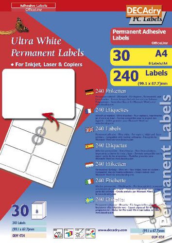 DECAdry White Multipurpose Labels 30 sheet pk 99.1 x 67.7mm 8 per Sheet - OLW4734