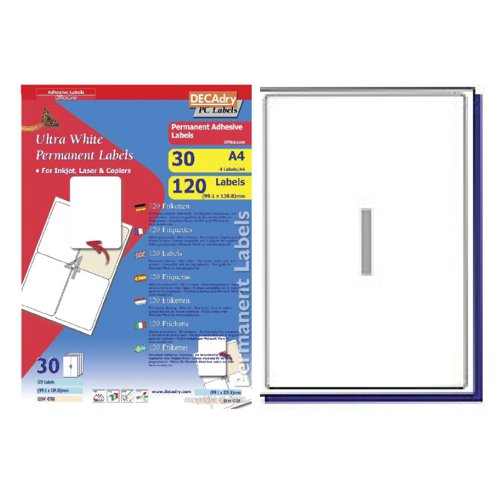 DECAdry White Multipurpose Labels 30 sheet pk 199.6 x 289.1mm 1 per Sheet - OLW4735