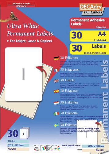 DECAdry White Multipurpose Labels 30 sheet pk 199.6 x 289.1mm 1 per Sheet - OLW4735