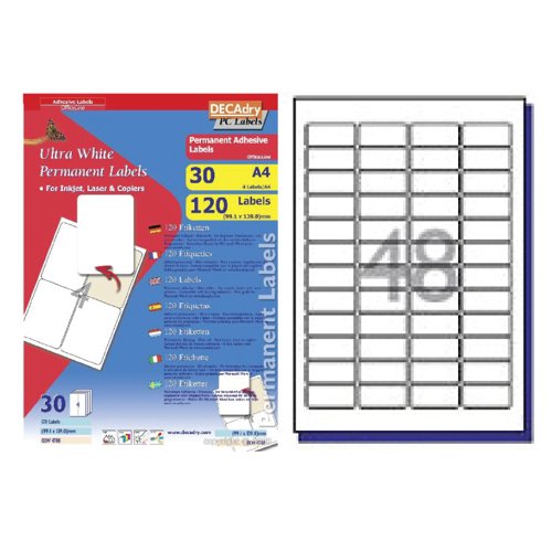 DECAdry White Multipurpose Labels 30 sheet pk 45.7 x 21.2mm 48 per Sheet