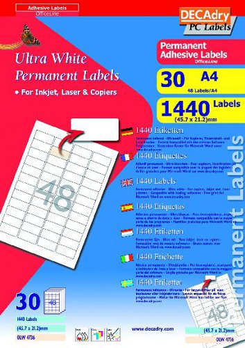 DECAdry White Multipurpose Labels 30 sheet pk 45.7 x 21.2mm 48 per Sheet - OLW4736