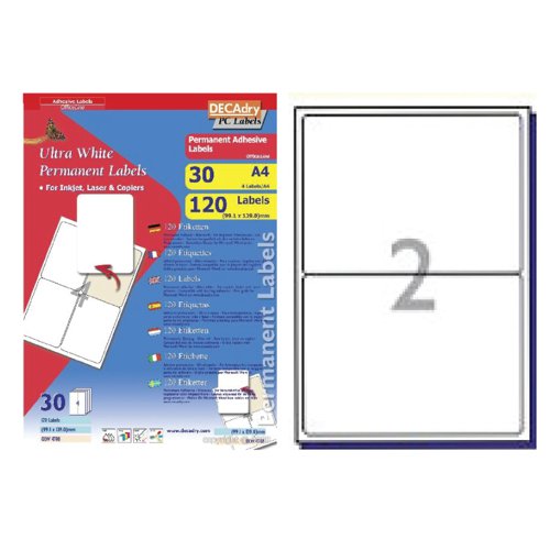 DECAdry White Multipurpose Labels 30 sheet pk 199.6 x 143.5mm 2 per Sheet - OLW4780