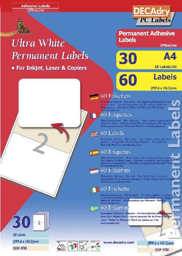 DECAdry White Multipurpose Labels 30 sheet pk 199.6 x 143.5mm 2 per Sheet - OLW4780