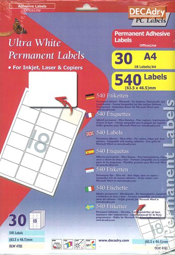 DECAdry White Multipurpose Labels 30 sheet pk 63.5 x 46.5mm 18 per Sheet