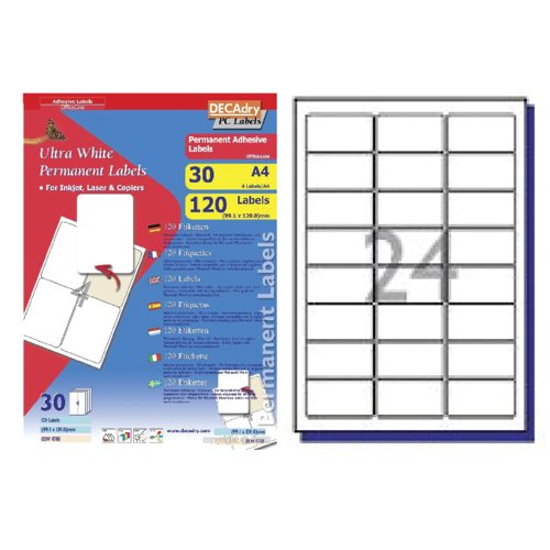DECAdry White Multipurpose Labels 30 sheet pk 63.5 x 33.9mm 24 per Sheet - OLW4784