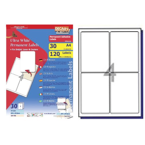 DECAdry White Multipurpose Labels 30 sheet pk 99.1 x 139mm 4 per Sheet - OLW4788