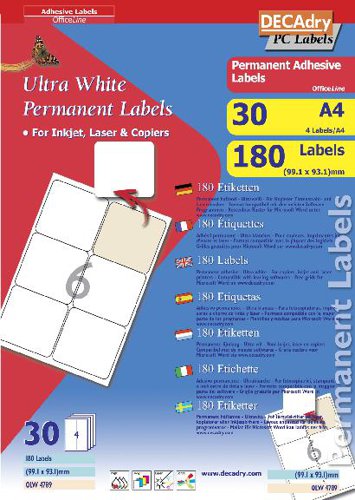 DECAdry White Multipurpose Labels 30 sheet pk 99.1 x 93.1mm 6 per Sheet - OLW4789