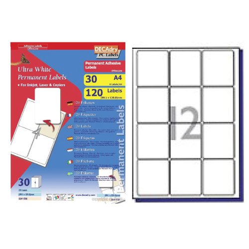 DECAdry White Multipurpose Labels 30 sheet pk 63.5 x 72mm 12 per Sheet - OLW4790