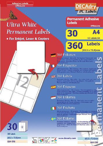 DECAdry White Multipurpose Labels 30 sheet pk 63.5 x 72mm 12 per Sheet - OLW4790