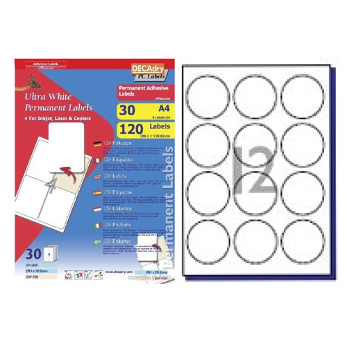 DECAdry White Multipurpose Labels 30 sheet pk  60mm Diameter Circle 12 per Sheet - OLW4791