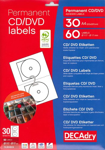 DECADRY Ultra White CD Labels 60 Per Pack