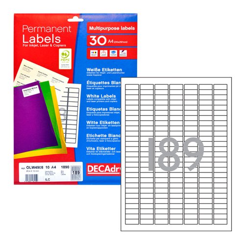 DECAdry White Multipurpose Labels 30 sheet pk 25.4 x 10mm 189 per Sheet