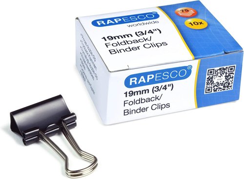 Rapesco Black Foldback Clips, 19mm 10 Pack, 2 Year Guarantee - PF019FB