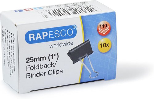 Rapesco Black Foldback Clips, 25mm 10 Pack, 2 Year Guarantee - PF025FB