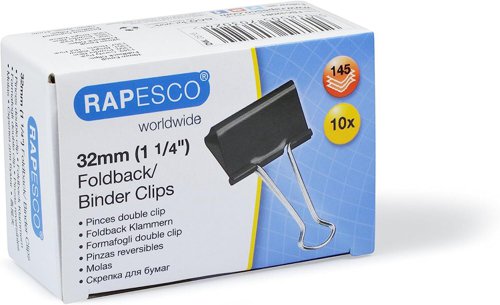 Rapesco Black Foldback Clips, 32mm 10 Pack, 2 Year Guarantee  - PF032FB