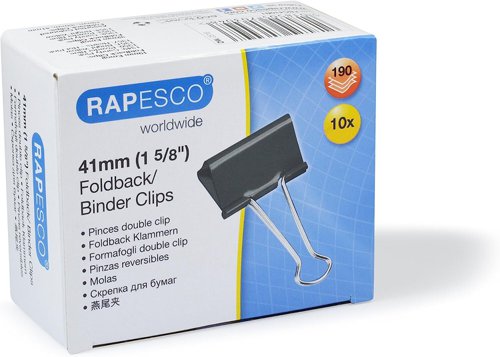 Rapesco Black Foldback Clips, 41mm 10 Pack, 2 Year Guarantee - PF041FB