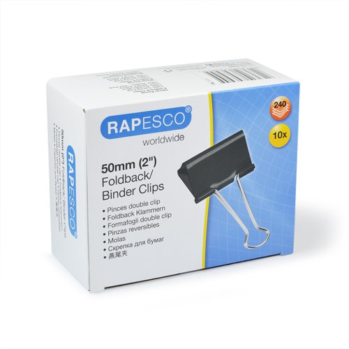 Rapesco Metal Foldback Clips 50mm, 10pk Hangpacked   2 Year Guarantee - PF050FB
