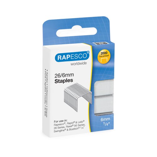 Rapesco 26/6MM GALVANISED STAPLES – PACK OF 2000 - PF266CRD