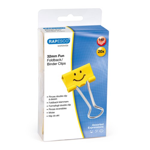 Rapesco Emoji Foldback Clips 32mm Yellow, Box of 20 - R1354