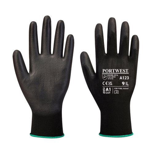 Portwest A123 PU Palm Glove Latex Free - Full Carton (144 pairs) Black Re-usable Gloves M-A123