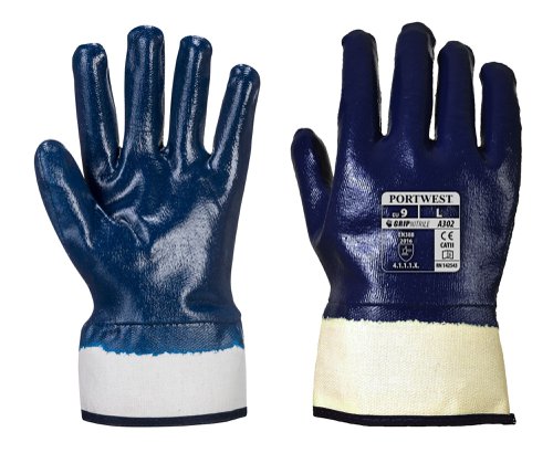 Portwest A302 Fully Dipped Nitrile Safety Cuff Navy Re-usable Gloves M-A302