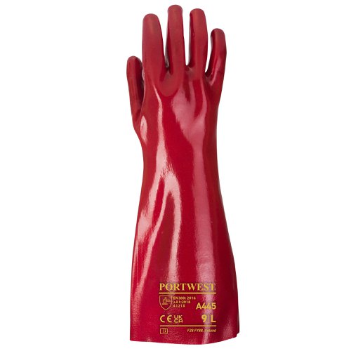 Portwest A445 Grip 12 PVC Gauntlet 45cm Red XL Re-usable Gloves A445RERXL