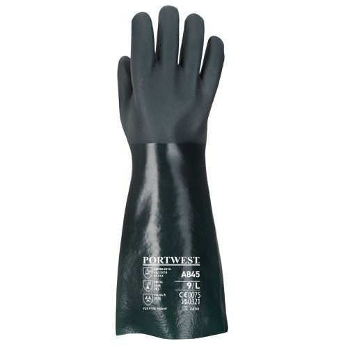 Portwest A845 Double Dipped PVC Gauntlet 45cm Green XL Re-usable Gloves A845GNRXL