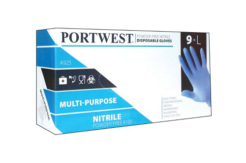 Portwest A925 Powder Free Nitrile Disposable Glove (Pk100) Blue L Disposable Gloves A925BLUL