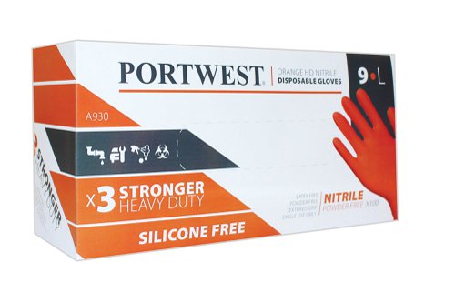 Portwest A930 Orange HD Disposable Glove (Pk100) Orange XL Disposable Gloves A930ORRXL