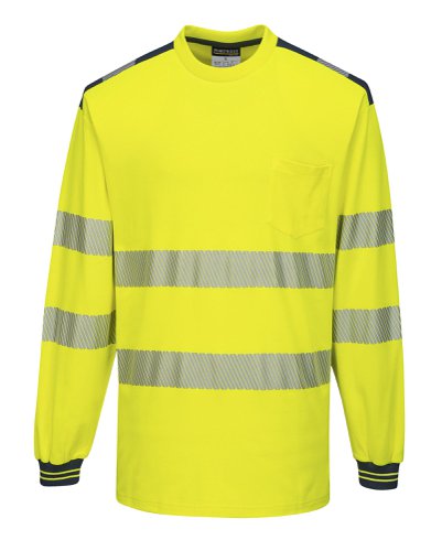 Portwest T185 PW3 Hi-Vis Cotton Comfort T-Shirt L/S Yellow/Navy 4XL