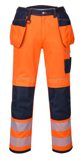 Portwest T501 PW3 Hi-Vis Holster Pocket Work Trousers Orange/Navy 30