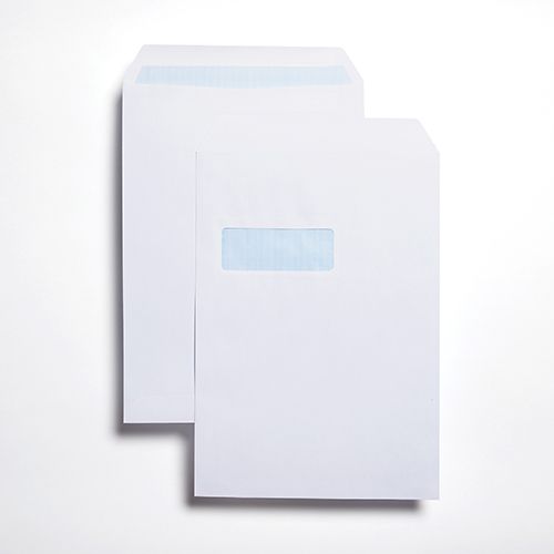 Pocket Self-Seal C4 White 100gsm 324 x 229mm Window 40 x 105mm 213 Up 24 Left Blue Hatch Inner Opaque (Box 250) Code ENVC4/2736