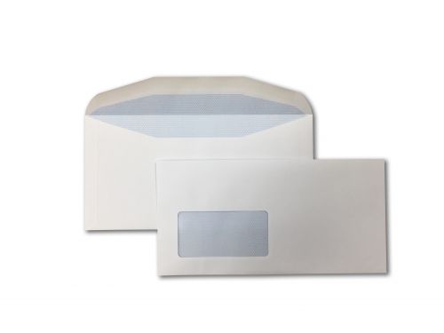 Wallet Gummed DL+ White 90gsm 114 x 229mm Window 45 x 90mm 18 Up 19 Left Blue Hatch Inner Opaque (Box 1000) Code ENVDL+/4020
