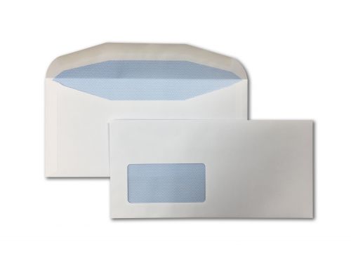 Wallet Gummed DL+ White 90gsm 114 x 235mm Window 45 x 90mm 18 Up 20 Left Blue Hatch Inner Opaque (Box 1000) Code ENVDL+/4030