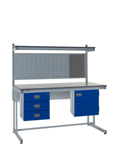 Cantilever Workbench - Laminate Top H.840 W.1200 D.750mm - Storage Cupboard, Triple Drawer Unit, 760mm Rear Support Posts, Louvre Panel & Laminate Upp