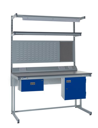Cantilever Workbench - Laminate Top H.840 W.1200 D.750mm - Single Drawer, Storage Cupboard, 1180mm Rear Support Posts, Service Duct Worktop Fitting, L