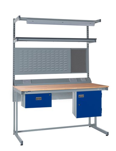 Cantilever Workbench - Beech Top H.840 W.1500 D.750mm - Single Drawer, Storage Cupboard, 1180mm Rear Support Posts, Service Duct Worktop Fitting, Ligh