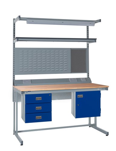 Cantilever Workbench - Beech Top H.840 W.1500 D.750mm - Storage Cupboard, Triple Drawer Unit, 1180mm Rear Support Posts, Service Duct Worktop Fitting,