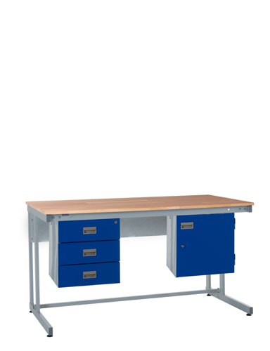 Cantilever Workbench - Beech Top H.840 W.1500 D.750mm - Storage Cupboard & Triple Drawer Unit