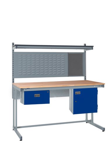 Cantilever Workbench - Beech Top H.840 W.1500 D.750mm - Single Drawer, Storage Cupboard, 760mm Rear Support Posts, Louvre Panel & Laminate Upper Shelf